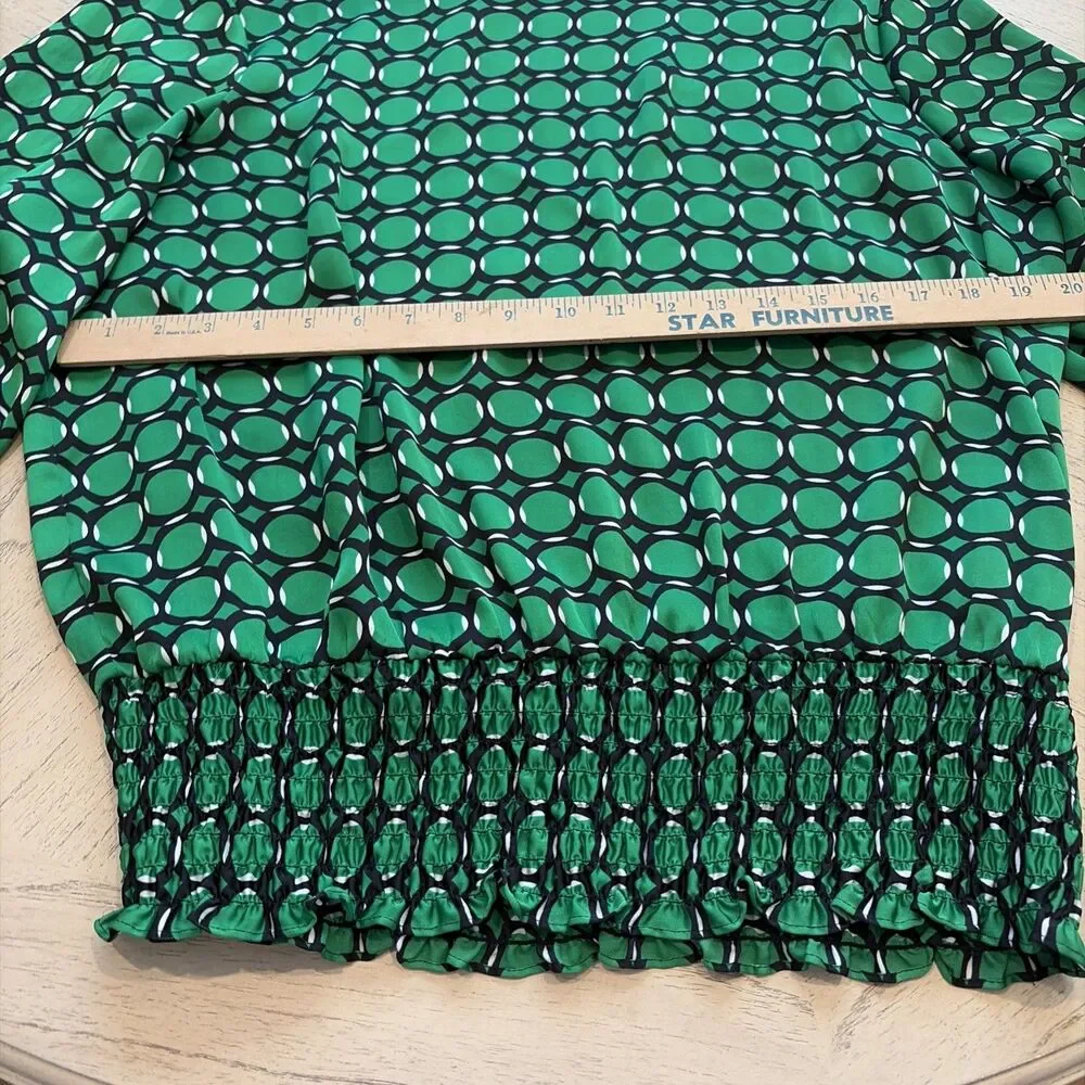 Michael Kors Womens XL Green Geometric Print Blouse Smocked Waist Long Sleeve